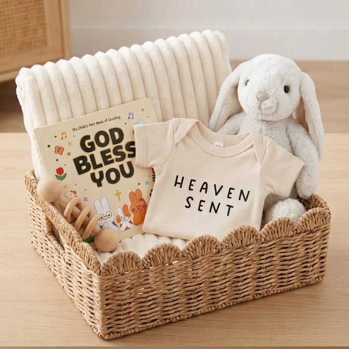 Scalloped basket filled with baby onesie, baby book, rattle, stuffed bunny and plush blanket. 